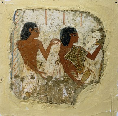 Tomb Painting Depicting Two Priests, One Holding a Papyrus Roll and the Other a Vase for Libations by Unbekannt Unbekannt